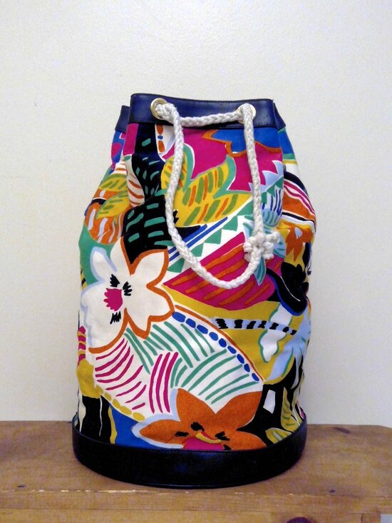Escada Handbags - Vintage Escada Floral Canvas Bucket Bag Tote w/ Black Leather Gold Accents